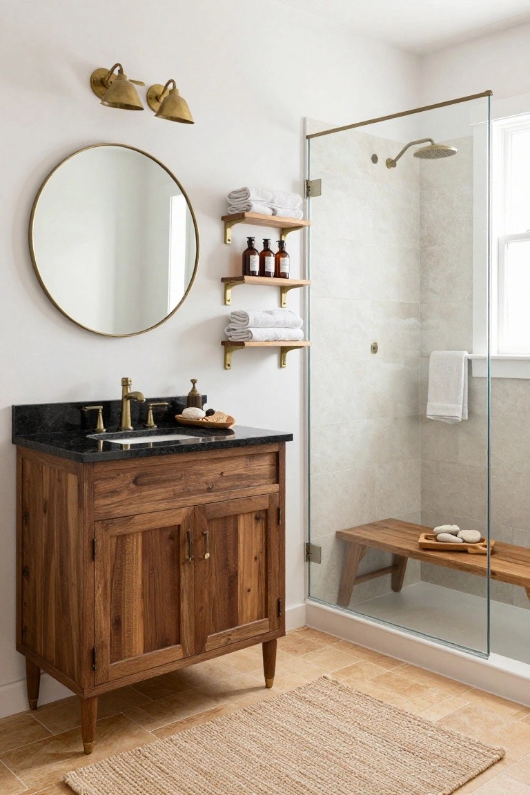 Bathroom interior with wooden vanity cabinet having black granite countertop and brass faucet, round gold mirror above, glass shower enclosure with teak bench and shelves holding towels and bottles, beige tile floor and seagrass rug.