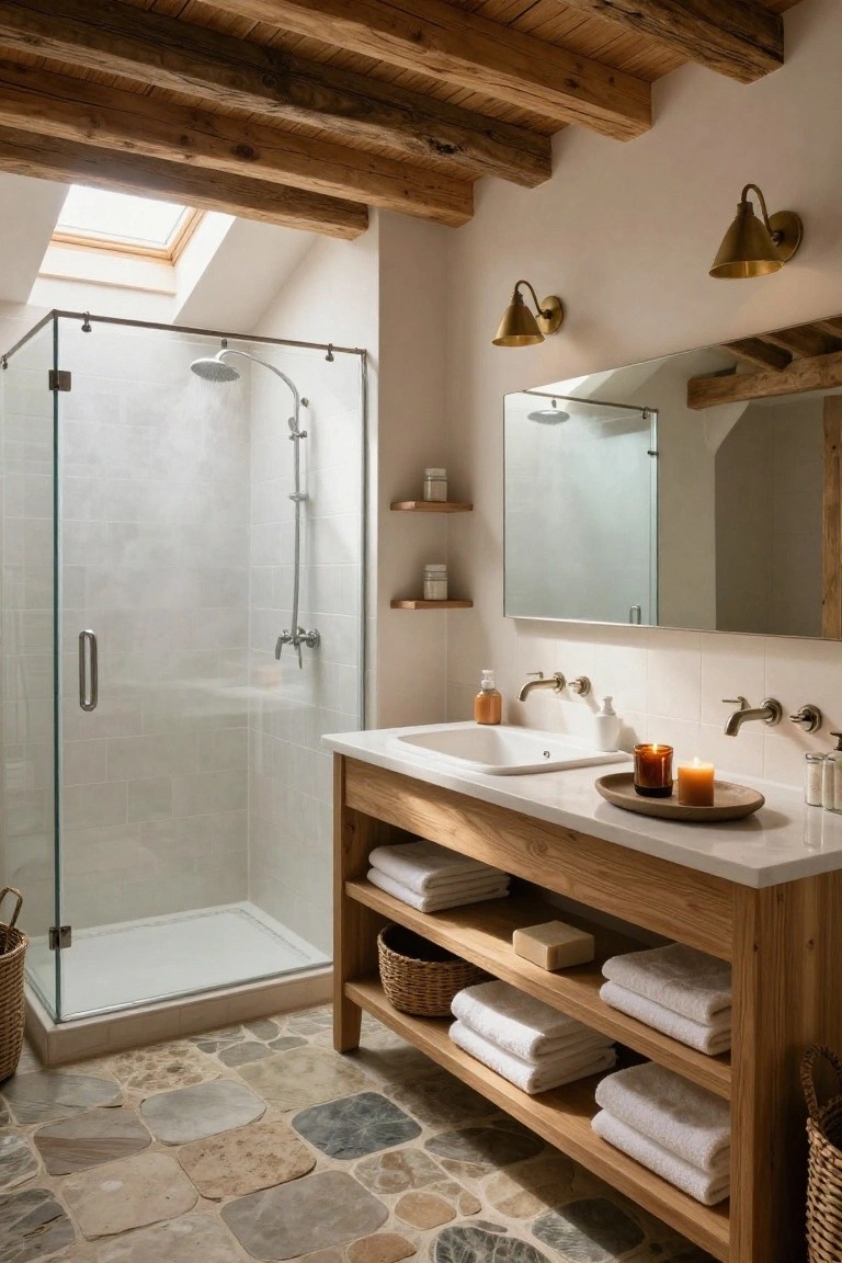 Rustic bathroom interior with exposed wooden ceiling beams, skylight, glass shower enclosure, oak wood vanity featuring open lower shelves stocked with folded white towels, woven baskets, and soap, white sink, stone tile floor, brass wall sconces, and mirror.