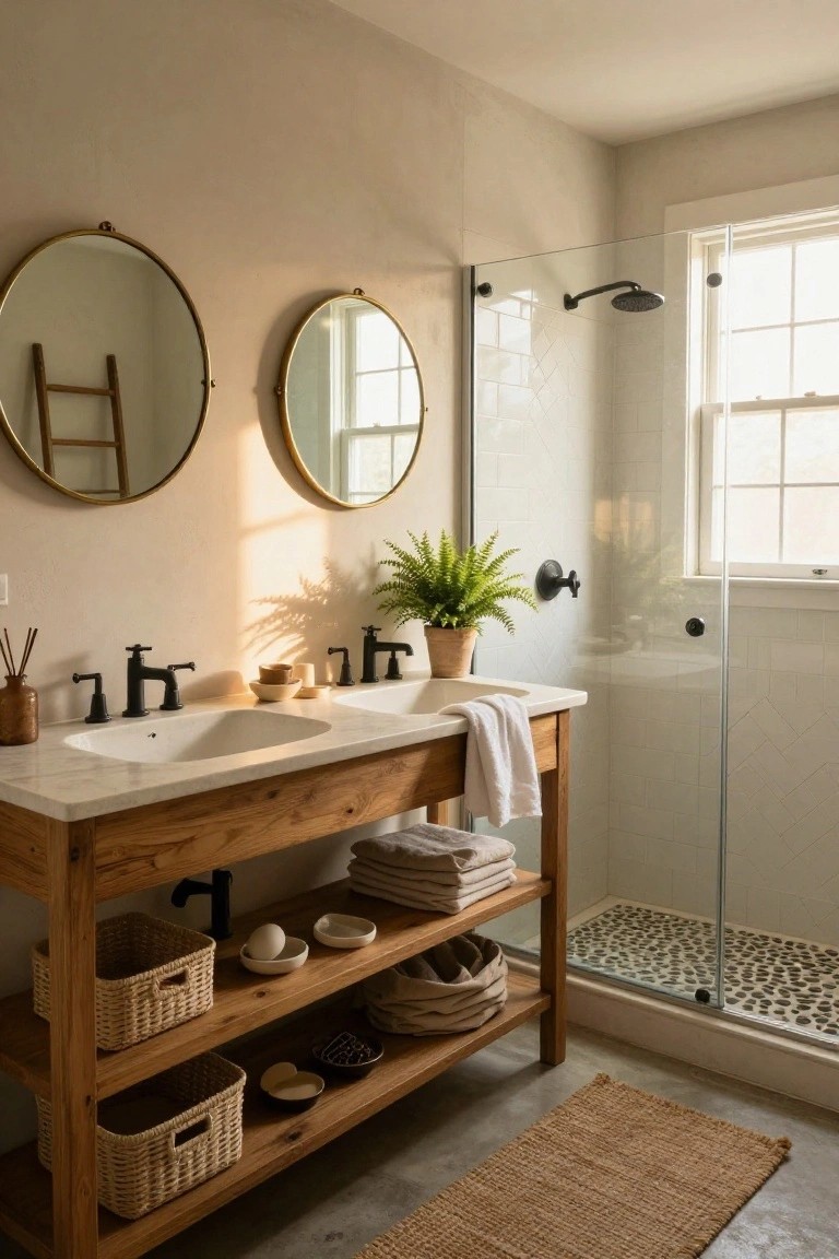 Bathroom interior with beige walls, rustic wooden double vanity under two round brass mirrors, white sinks, open shelves holding baskets and ceramics, fern plant, glass shower enclosure with pebble tile floor, and seagrass rug.