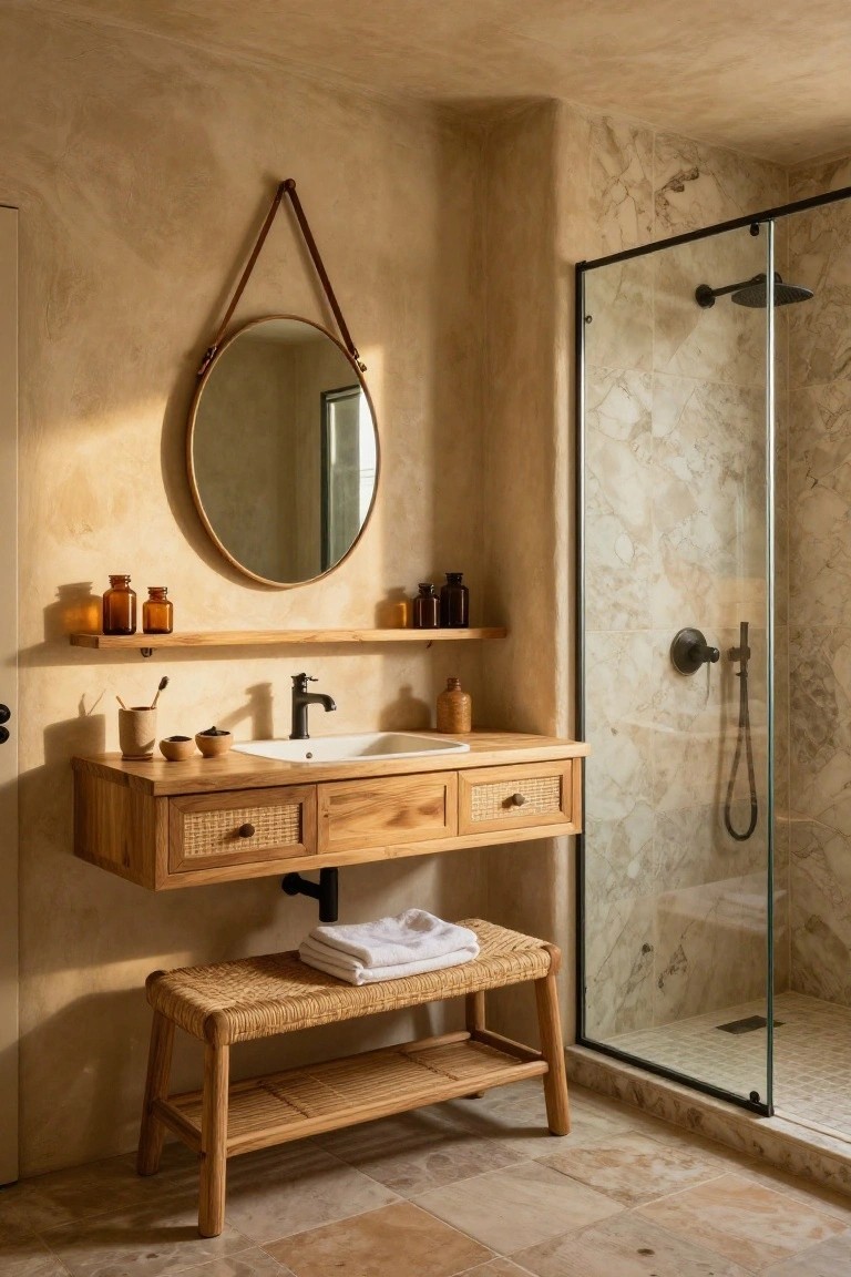 Rustic bathroom with beige textured walls, floating wooden vanity featuring rattan drawer fronts, round mirror hung on leather strap, wooden shelf with glass bottles, black faucet, glass shower enclosure, and rattan bench with white towels.