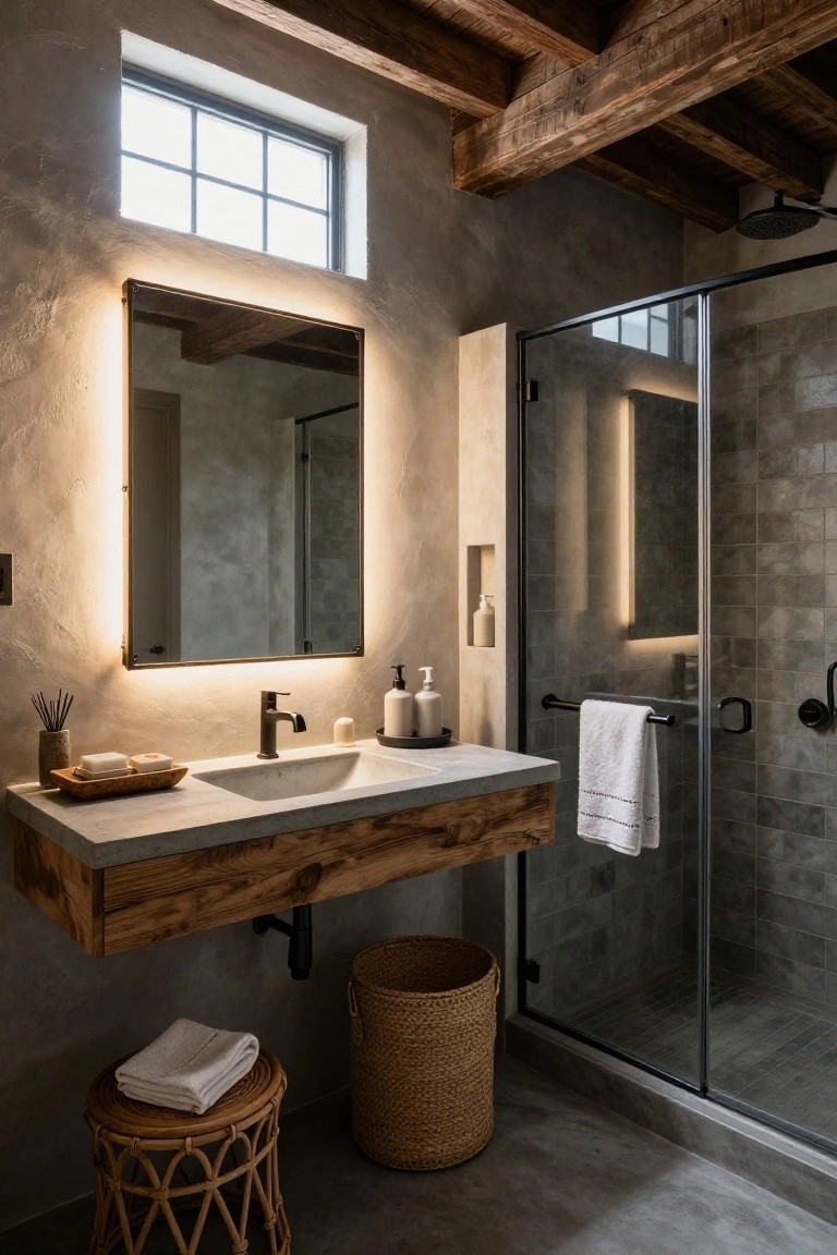 Rustic bathroom interior with exposed wood beams, floating wooden vanity and concrete sink top, backlit rectangular mirror, glass shower enclosure with gray tiles, woven stool and basket on concrete floor.