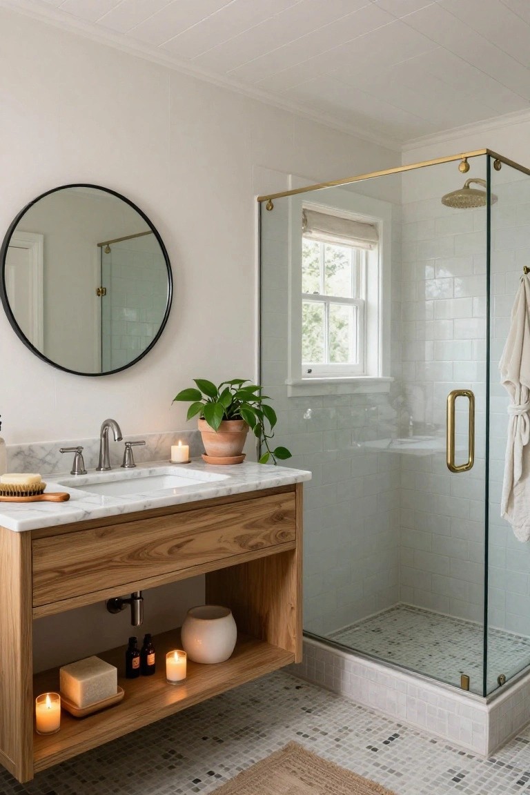 Bathroom with floating wooden vanity featuring marble countertop and open lower shelves displaying candles, soap, and bottles, paired with round black mirror, potted plant, and glass shower enclosure with gold fixtures.