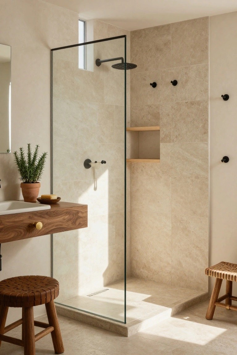 A minimalist bathroom with light beige stone tile walls, a frameless glass shower enclosure with rain showerhead, floating wooden vanity with brass knob, potted rosemary plant on vanity, woven leather stool nearby, wooden stool outside shower, and small window.