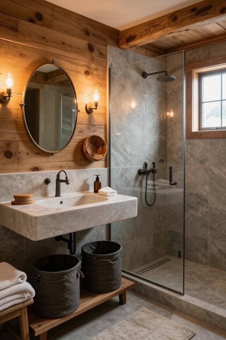 Rustic bathroom with wood-paneled walls, oval mirror with wall sconces, white marble sink vanity, glass shower enclosure with gray tiles and rainfall showerhead, wooden baskets on stools, and towels on a bench.