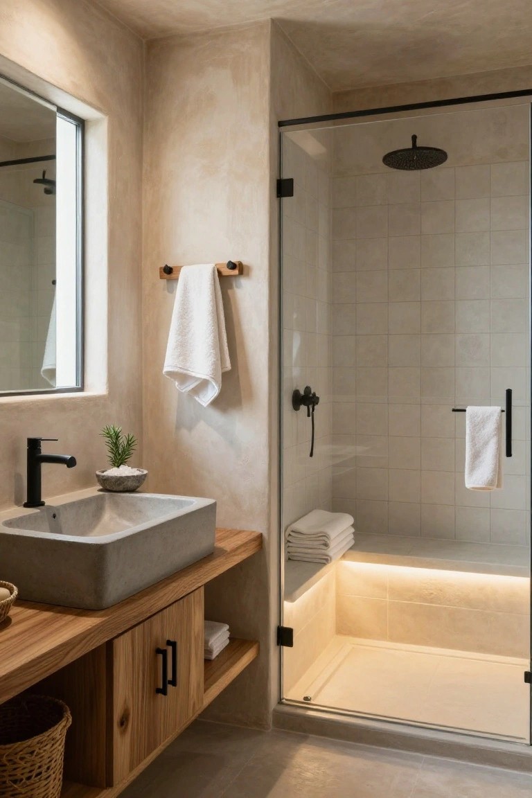 Rustic bathroom interior with beige plaster walls, wooden floating vanity holding a concrete sink, glass shower enclosure with tiled bench and rain showerhead, white towels on hooks, and a potted plant near the sink.