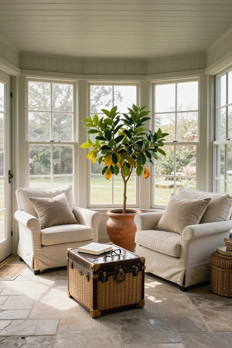 Light green paneled sunroom with two cream slipcovered armchairs facing a leather-strapped trunk table holding an open book, a tall potted citrus tree in a terracotta pot between the chairs, and large multipaned windows overlooking a garden.