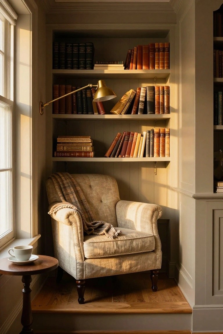 Cozy beige armchair with plaid throw in a paneled alcove lined with white bookshelves full of books, brass adjustable lamp mounted on wall, small round wood side table with teacup and saucer next to window in neutral room.