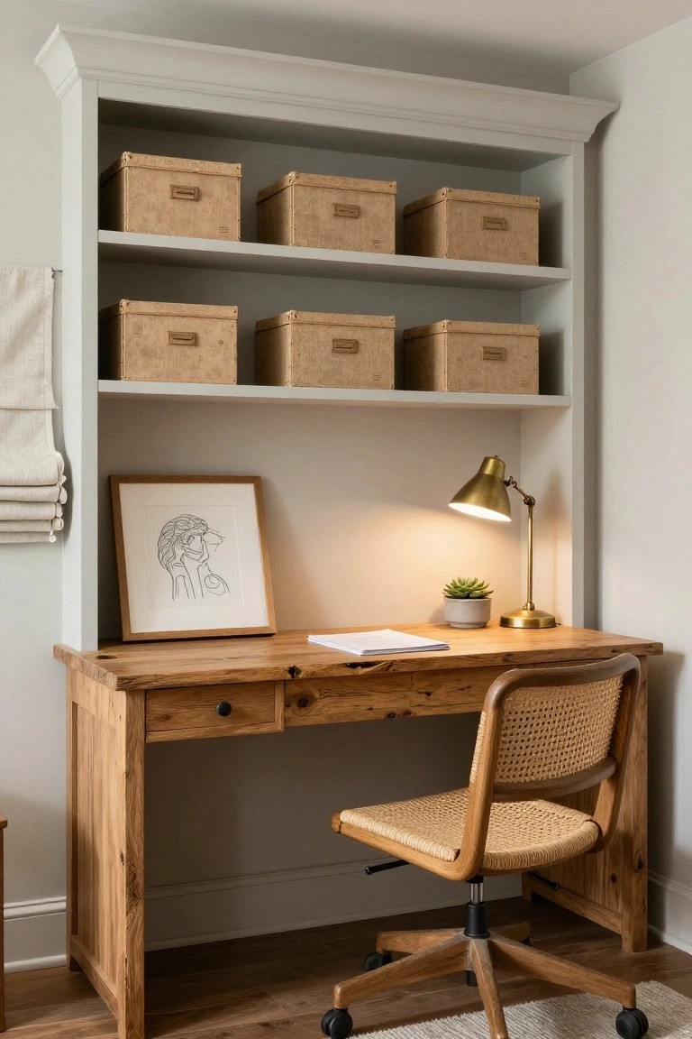 Built-in white open shelving with beige kraft boxes surrounds a rustic wooden desk with drawers, wicker chair on wheels, brass desk lamp, and framed line drawing artwork in a neutral interior with hardwood floors.
