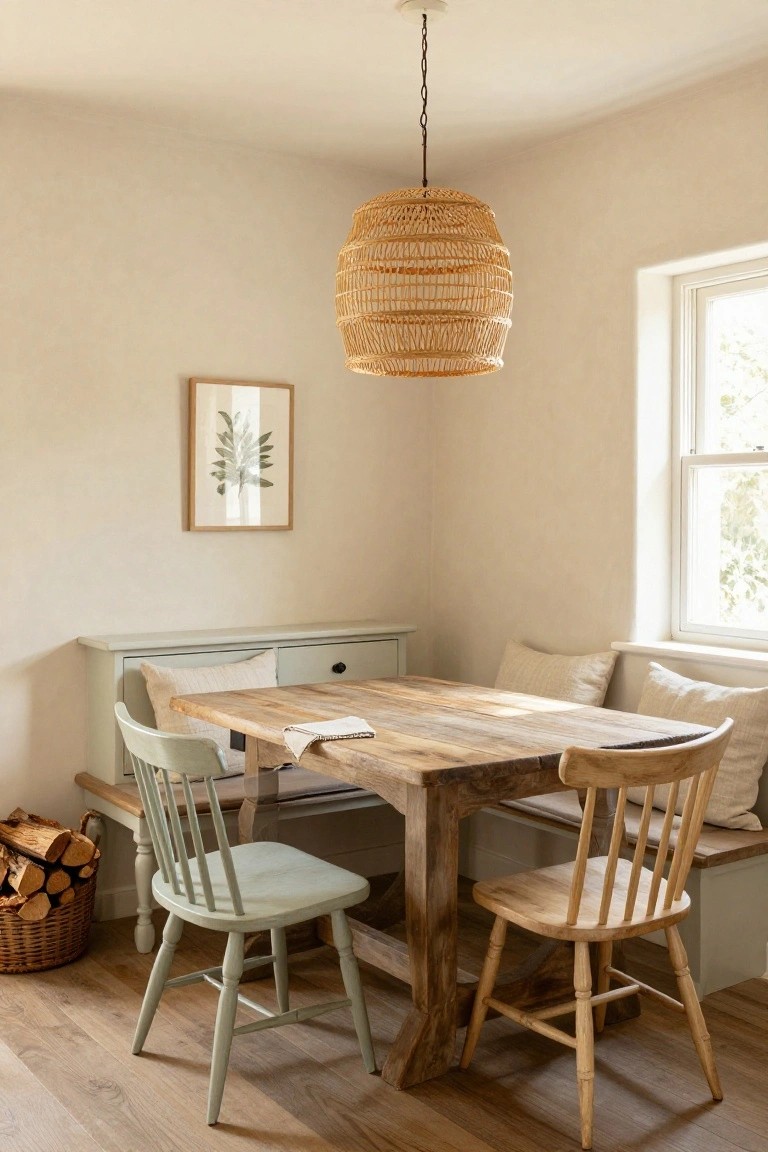 Light beige room corner with built-in sage green bench seating, wooden dining table, green and wood chairs, white pillows, rattan pendant light, framed leaf print, window, and firewood basket on wood floor.