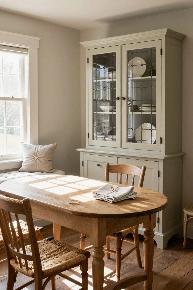 Interior dining area with tall pale cabinet featuring glass doors displaying white plates and bowls, oval wooden table covered in white linen, wooden chairs with rush seats, window with natural light, and hardwood floor.