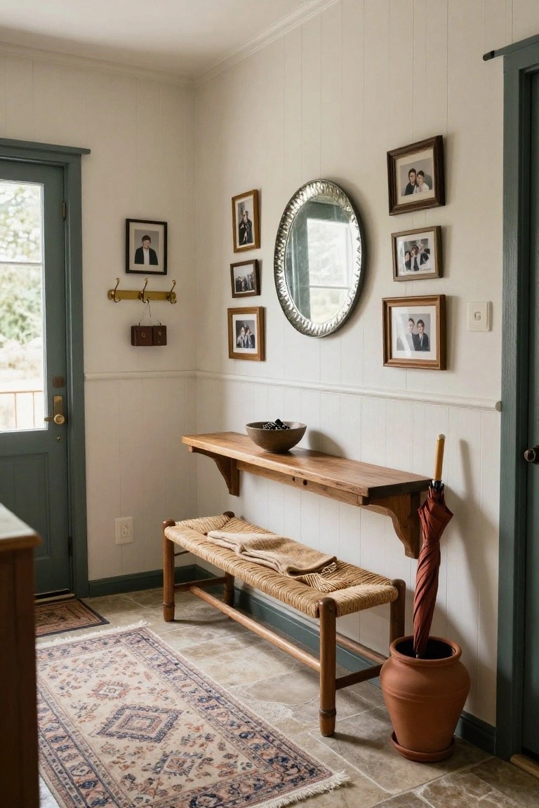 Farmhouse entryway corner with white shiplap walls, wooden floating shelf holding a ceramic bowl, rush bench with blanket, brass hooks, round mirror, family photos in wood frames, red umbrella in terracotta pot, and green door.