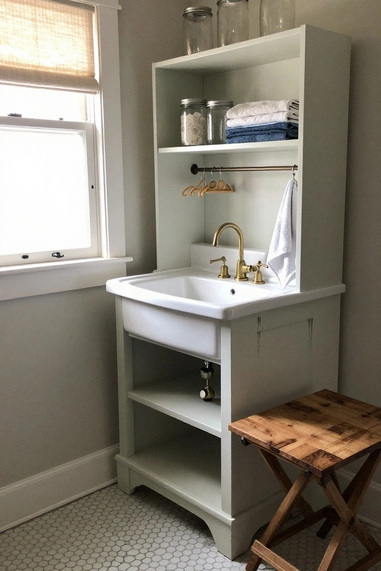 White cabinet with integrated porcelain farmhouse sink and gold faucet, open shelves holding glass jars and folded towels, hanging rod with wooden hangers and a draped towel, wooden stool nearby, in a room with light gray walls and white hex tile floor.