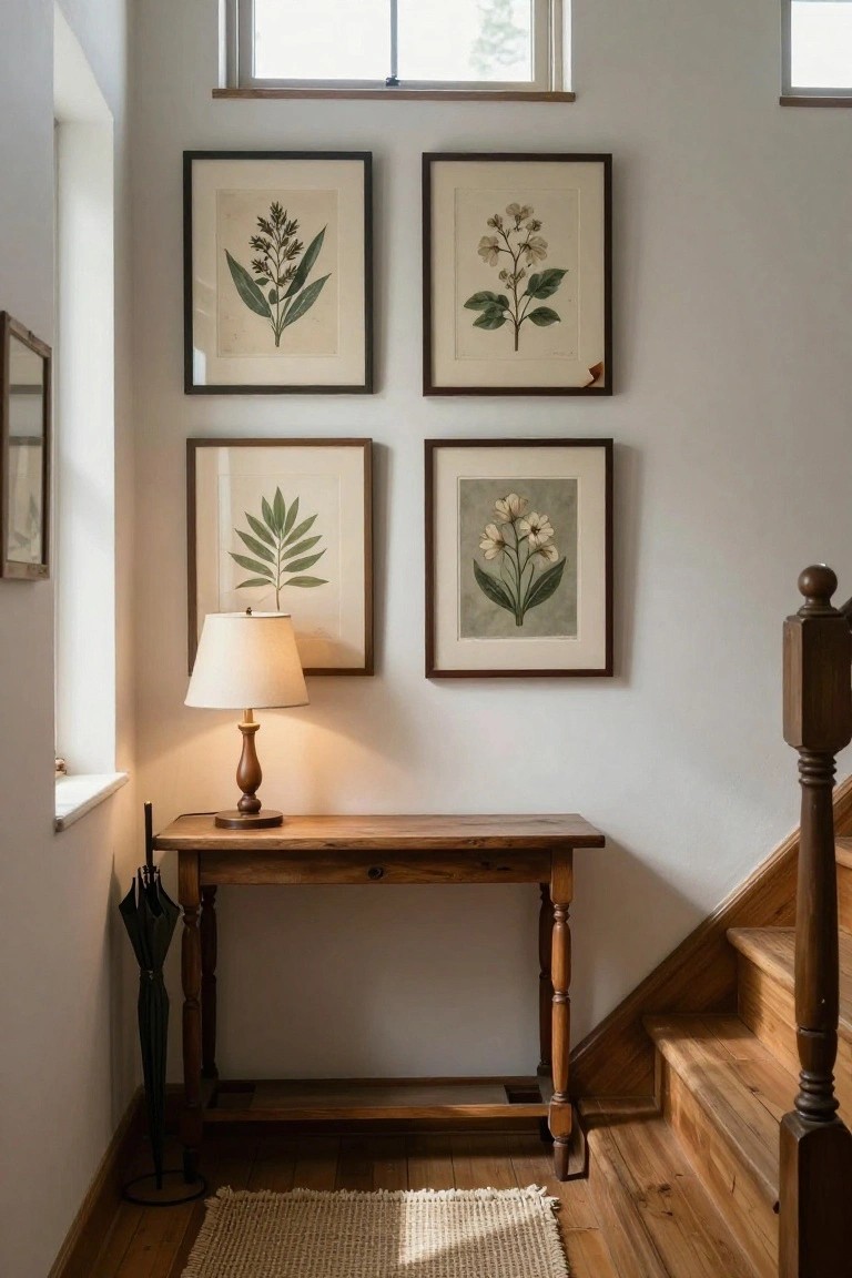 Hallway corner with wooden console table holding a lamp and umbrella stand, four framed botanical prints on the white wall above, wooden stairs and floor nearby.