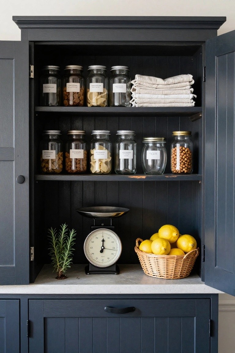 Open navy blue cupboard with wood shelves holding labeled glass jars of nuts, beans, pasta, and dried goods, plus a vintage scale, rosemary plant, and basket of lemons.