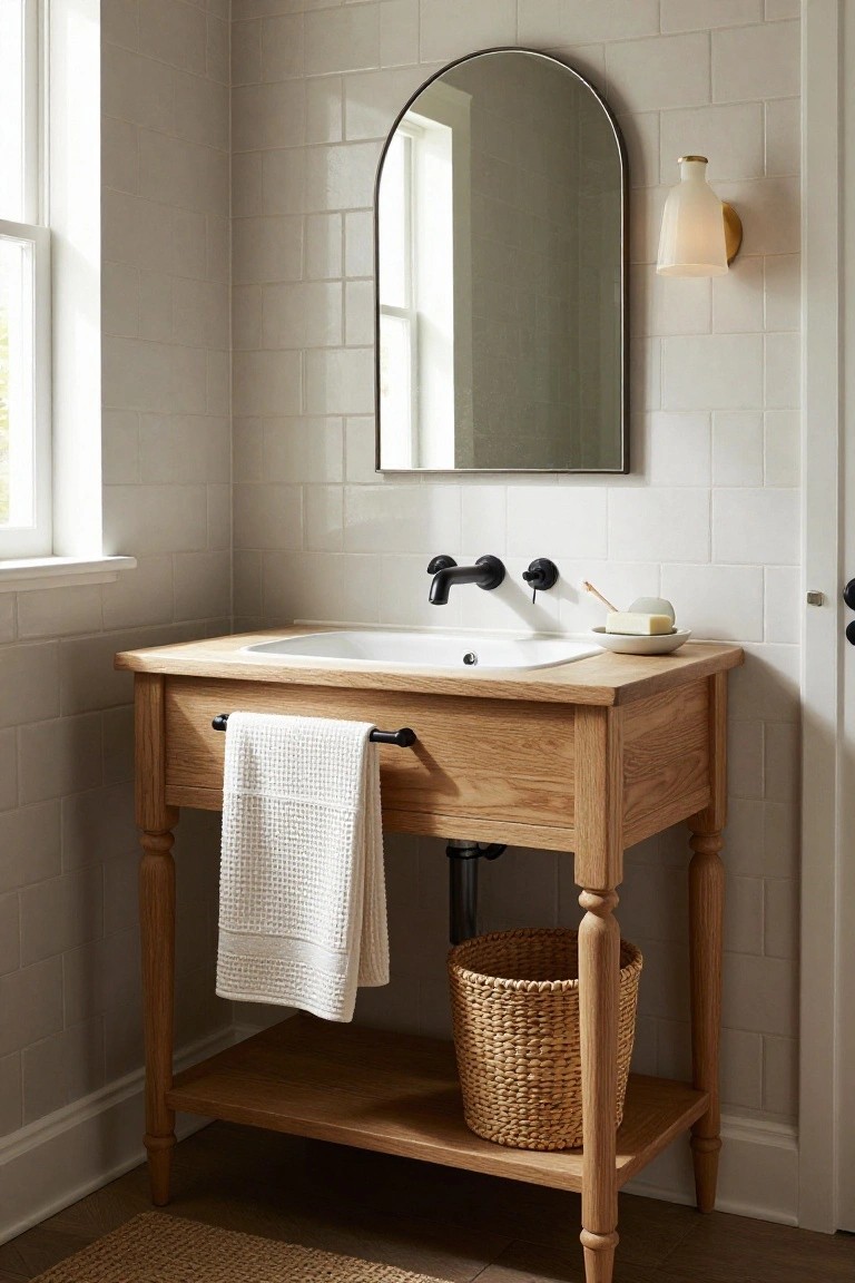 Bathroom with white subway tile walls, oak wood vanity cabinet on turned legs holding a white sink and black wall faucet, arched black mirror above, white towel hanging from bar, wicker basket on lower shelf, and window nearby.