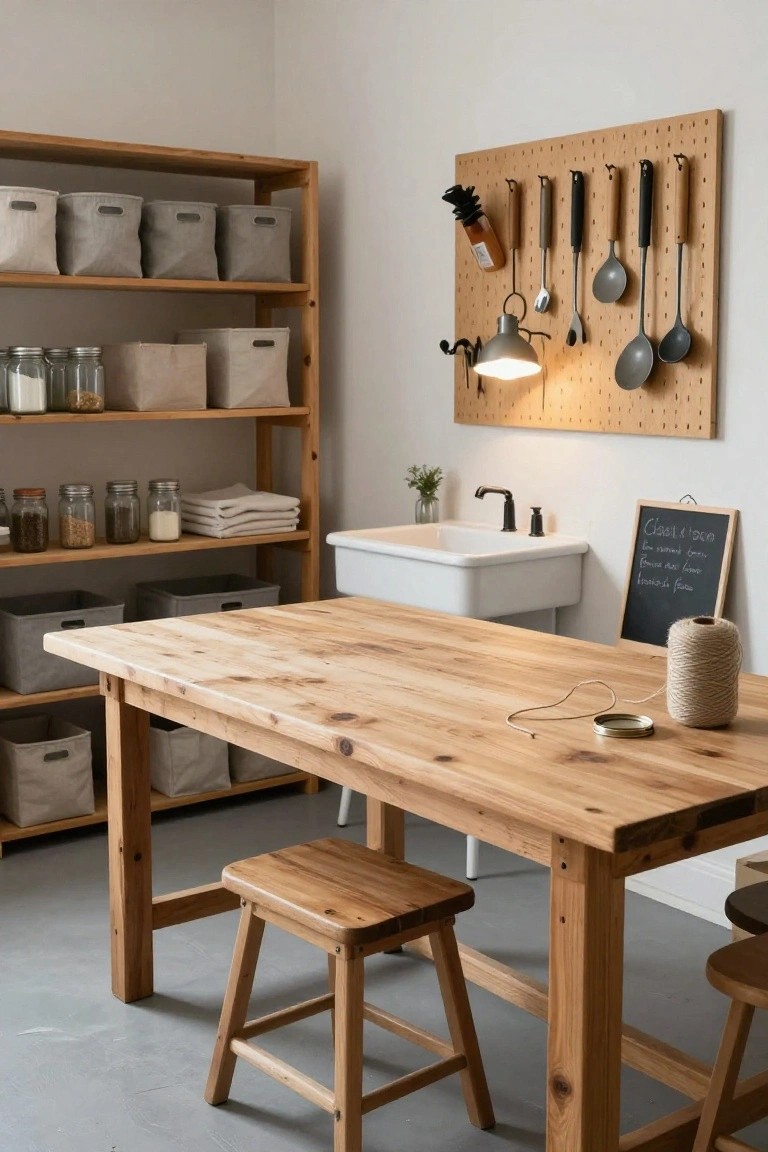 A utility room featuring wooden open shelves with jars, linens, and baskets, a wooden table and stools, white farmhouse sink, and orange wooden pegboard wall with hanging kitchen utensils and tools.