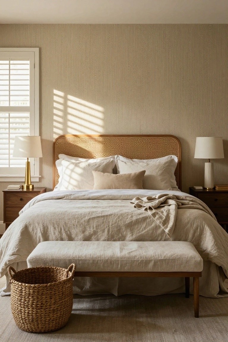Bedroom with beige textured walls, rattan headboard, white and cream pillows and linens, wooden nightstands with lamps, linen-upholstered bench at bed foot, and wicker basket on beige rug.