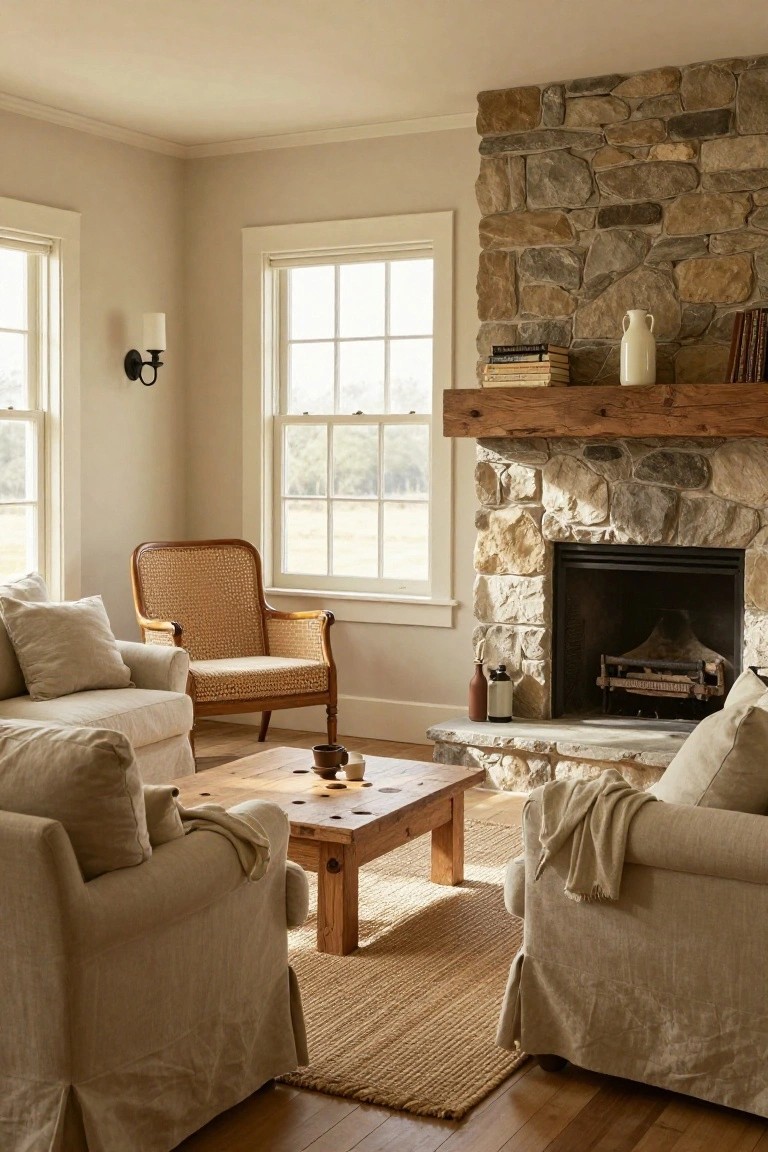 Sunlit living room with cream linen sofas, rattan armchair, wooden coffee table, fieldstone fireplace with wooden mantel, and large windows showing fields outside.