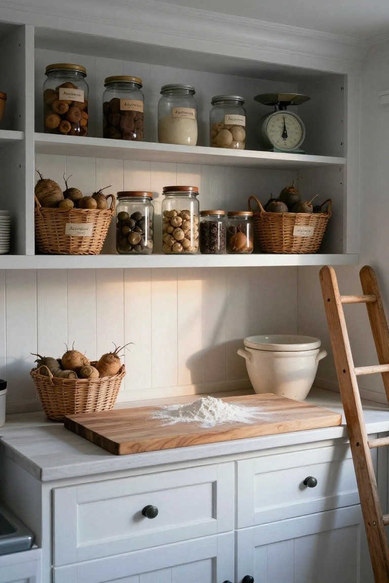 White open kitchen shelving stocked with labeled glass jars of dried fruits, nuts, and grains, wicker baskets of root vegetables, a vintage scale, wooden ladder, and countertop with wooden board dusted in flour.