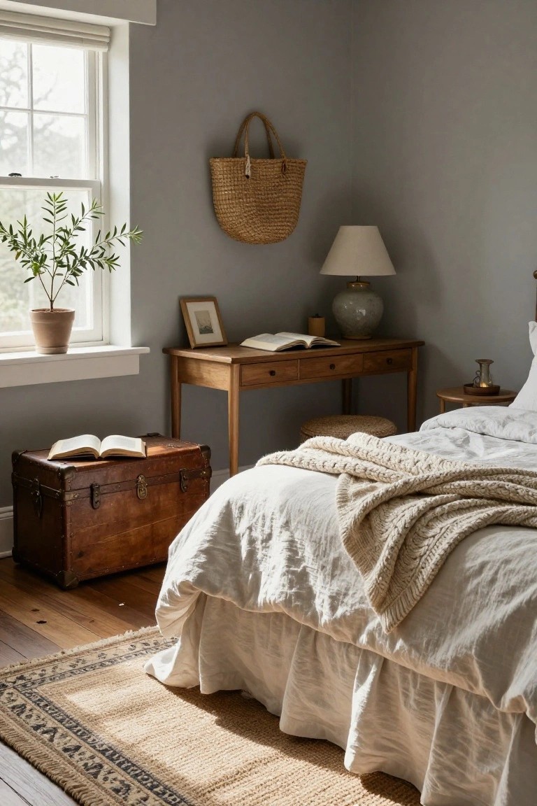 Cozy bedroom with light gray walls, wooden desk topped with lamp books and vase, potted olive plant on windowsill, woven wall basket, vintage wooden trunk with open book beside bed, white linen bedding draped with cream knit throw, small round stool, and seagrass rug on hardwood floor.