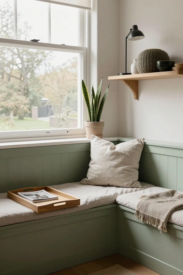 Corner built-in bench with pale green paneled walls and white cushions next to a large window, wooden tray on seat, snake plant in terracotta pot, wooden shelves with pottery above.