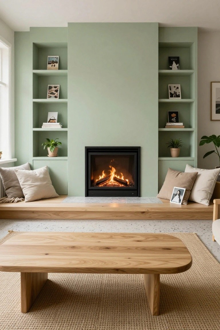 Pale green living room walls with built-in shelves flanking a black-framed gas fireplace, wooden benches with beige cushions, oak coffee table on a seagrass rug, and potted plants on shelves.