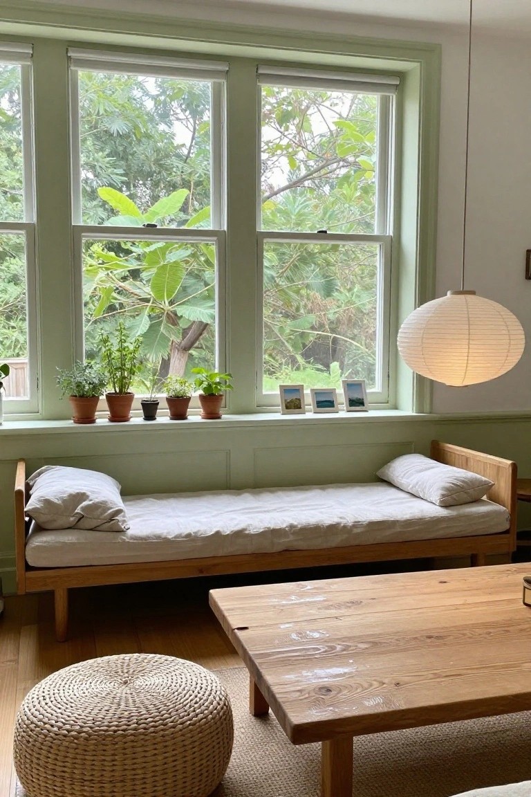 Pale green interior room with large triple windows showing trees and plants outside, several potted herbs on the windowsill, wooden daybed with white bedding below, wooden table, rattan pouf, and white paper lantern hanging from the ceiling.