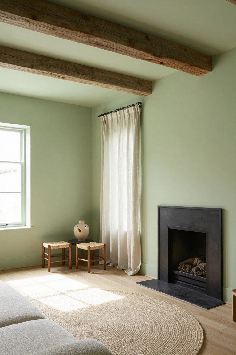 Pale green living room with exposed wooden beams on the ceiling, window with white linen curtain, black fireplace, two wooden stools beside a pierced ceramic vase, cream sofa, seagrass rug, and oak wood floors.