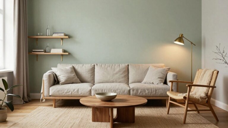 22 Serene Pale Green Living Room Ideas With Scandinavian Style Pale green living room with beige linen sofa, round wooden coffee table holding a white bowl, rattan chairs, wall shelf with books and glass vases, potted plant by window with cream curtains, and brass floor lamp.