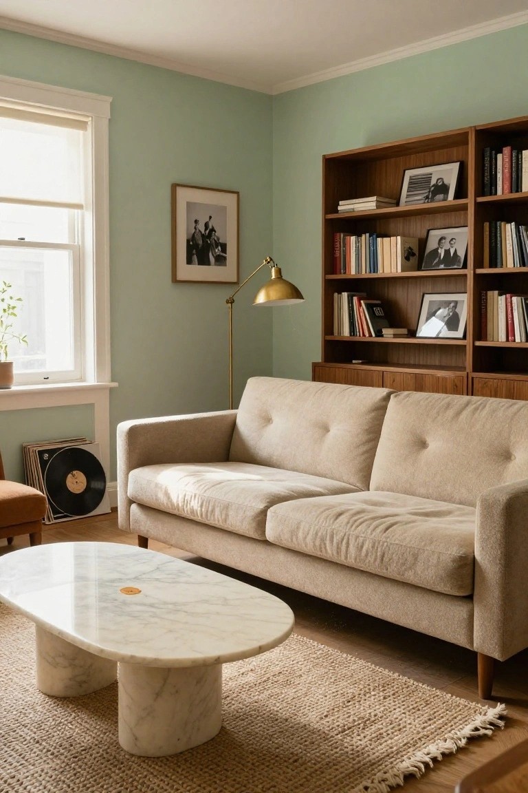 Living room with pale green walls, wooden bookshelves filled with books and photos, beige sofa, oval white marble coffee table on seagrass rug, brass floor lamp, and window with roller shade.