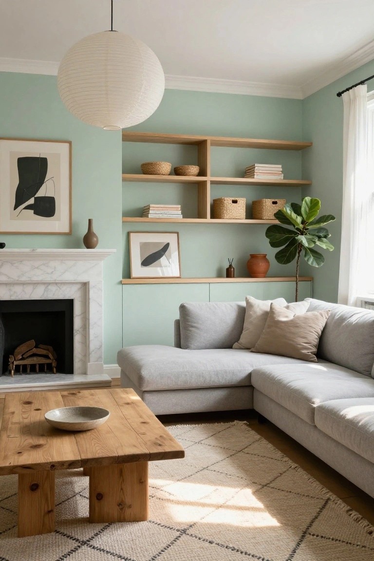 Pale green living room with oak floating shelves above a white marble fireplace displaying books, baskets, pottery, and art, gray L-shaped sofa, wooden coffee table on a patterned rug, fiddle leaf fig plant, and paper lantern overhead.