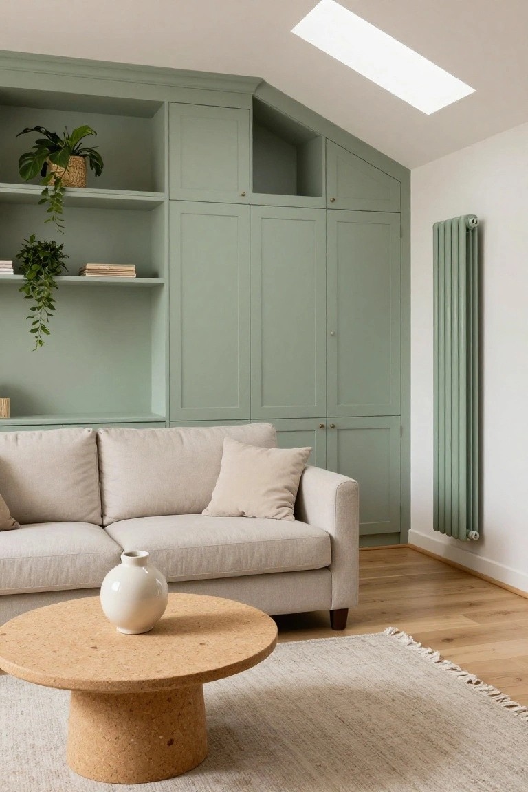 Living room with sage green built-in cabinets and shelving on one wall, including open shelves holding plants and books, a beige two-seater sofa, round cork coffee table with white vase, beige rug, and vertical radiator.