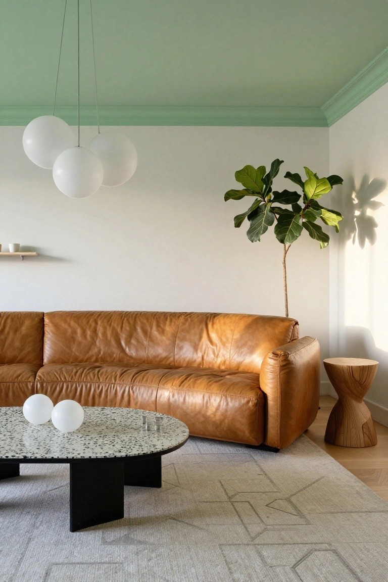 Living room with pale green ceiling and coving, white walls, tan leather sofa, white orb pendant lights, terrazzo coffee table with white orbs, wooden stool, fiddle leaf fig plant, and light gray geometric rug on hardwood floor.