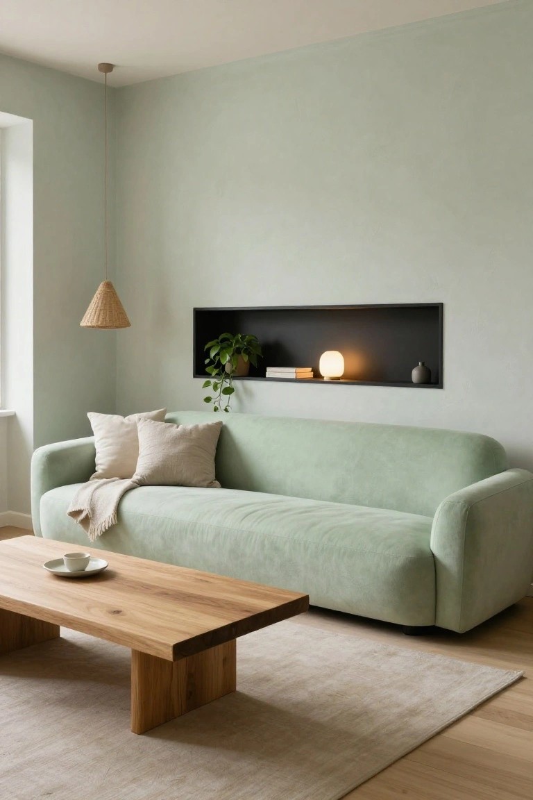 Pale green curved velvet sofa with beige pillows and throw in a light green-walled living room, wooden coffee table, beige rug, wall niche shelf with plant, books, lamp, and vase, rattan pendant light, on light wood floors.