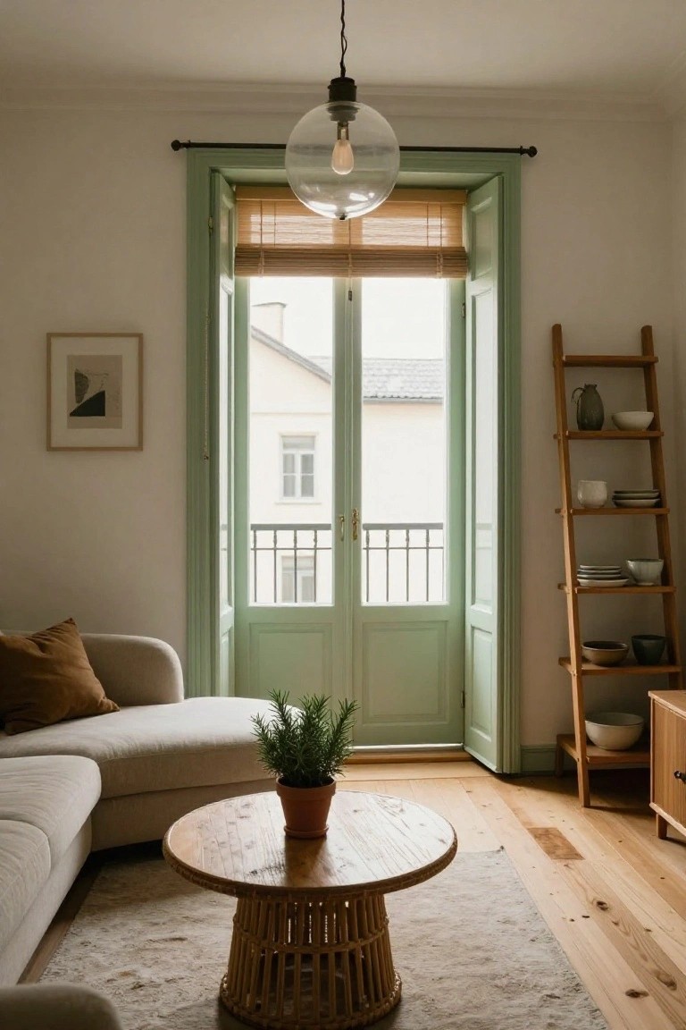 Cozy living room with open mint-green doors, round wooden table, and ladder shelf.