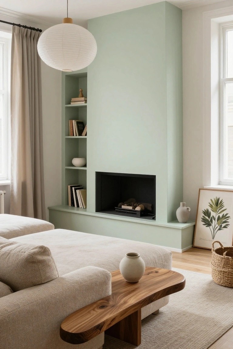 A living room with a tall pale green fireplace wall and built-in wooden shelves holding books and ceramics, a modular beige sofa with attached wooden side table, white paper lantern pendant light, cream curtains on windows, and light wood floors.