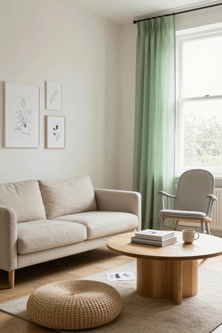 Scandinavian living room with light beige sofa, wooden coffee table, rattan pouf, gray rocking chair, pale green sheer curtains on window, and framed botanical line art on walls.