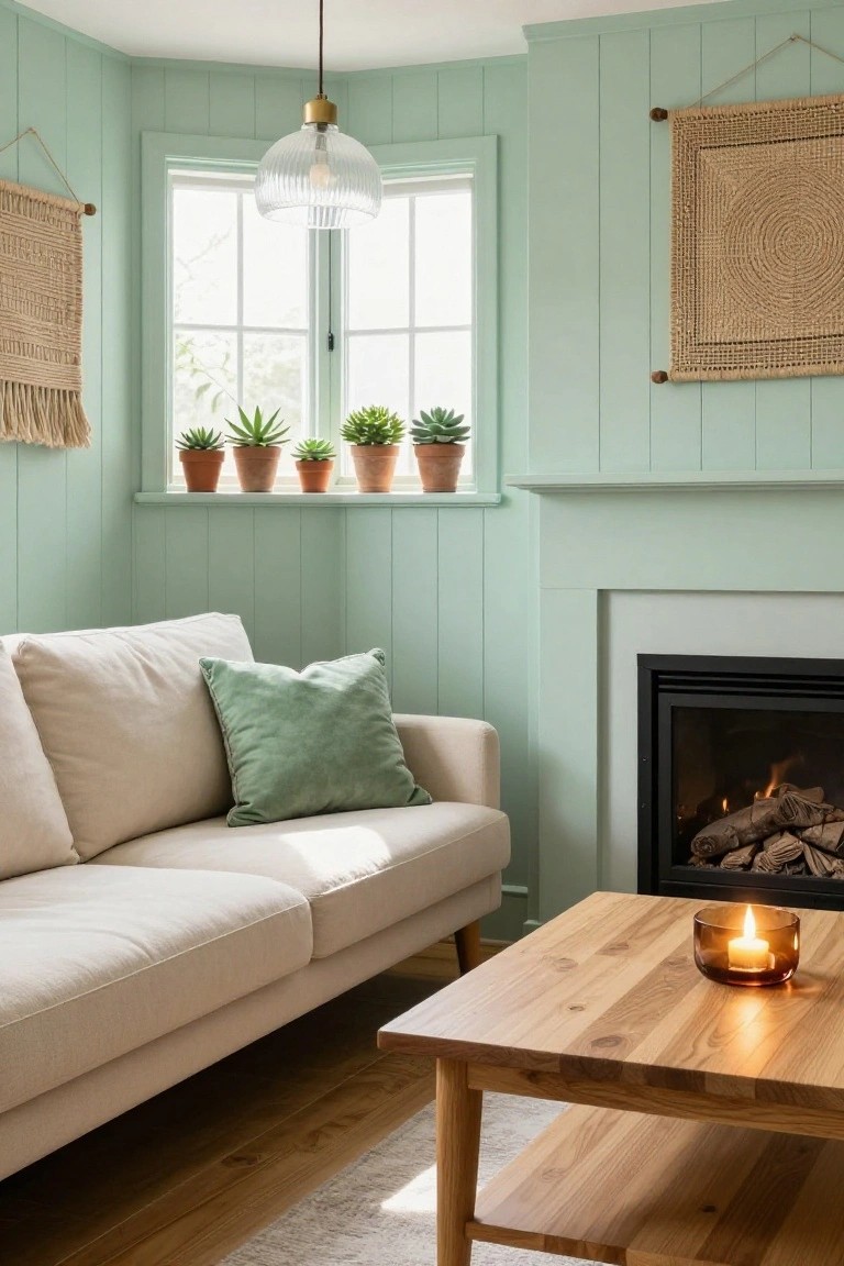 A cozy living room corner with pale green vertical shiplap walls, cream sofa with green pillow, wooden coffee table holding a lit glass candle, black fireplace with burning logs, window with potted succulents, and two beige woven wall hangings.