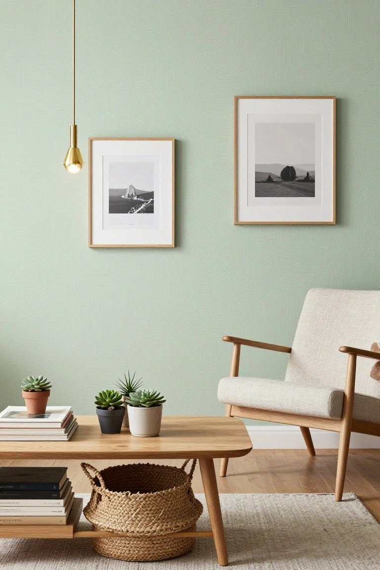 Pale green patterned walls in a living room corner with two framed black-and-white landscape photos, a cream fabric armchair with wood arms, a low wooden coffee table holding books plants and a woven basket, and a brass pendant light hanging above.
