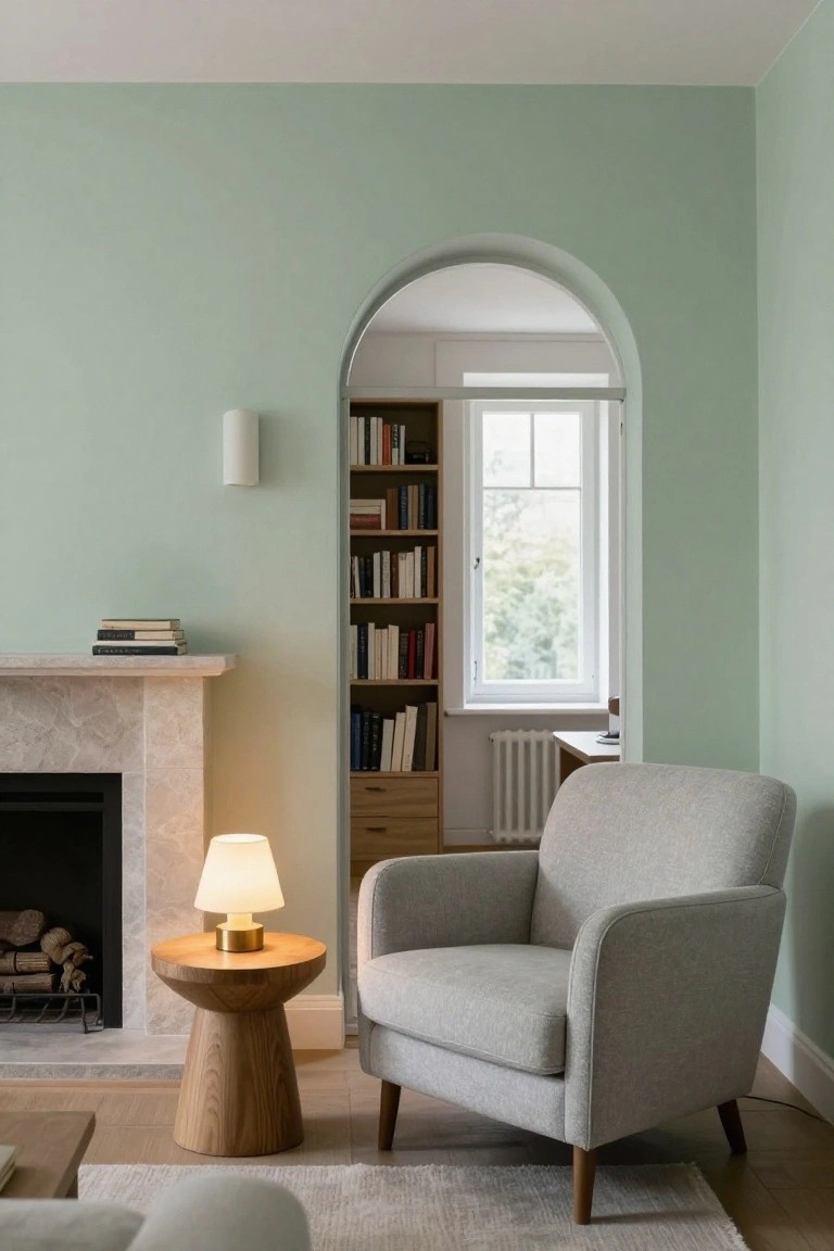 Pale green living room with gray armchair next to wooden pedestal side table and lamp by marble fireplace, arched doorway to bookshelves, and white wall light.