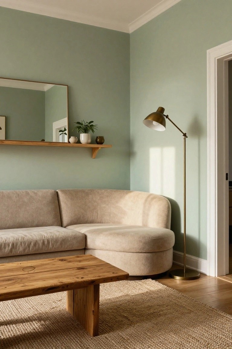 Corner of a living room with pale green walls, curved beige sofa, low rustic wooden coffee table on seagrass rug, brass floor lamp, wooden floating shelf holding a mirror, plants, and pottery.