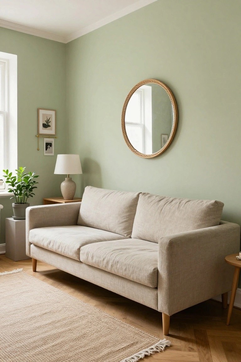 Living room corner with pale green walls, beige linen sofa on herringbone wood floors, wooden side table with lamp, potted plant, round gilded mirror, and framed art near a window.