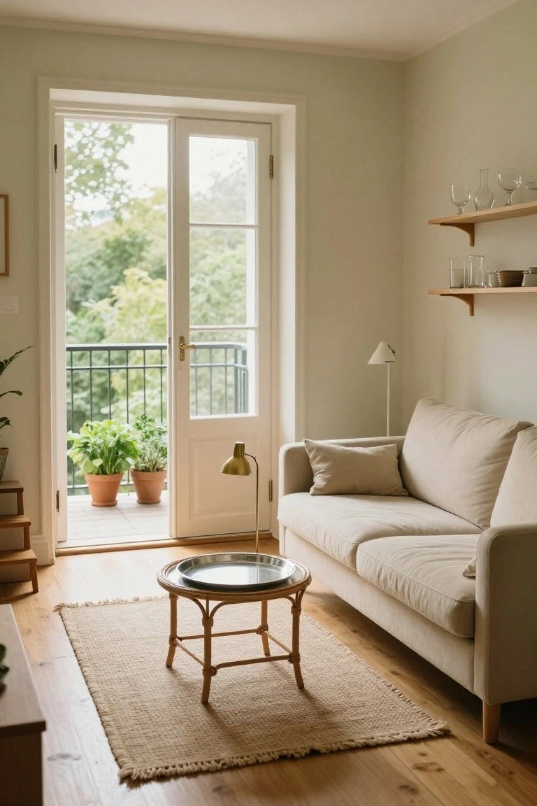 Pale green living room with open French doors to a balcony overlooking trees, featuring a beige sofa, wooden coffee table, potted plants, and shelves with glassware.