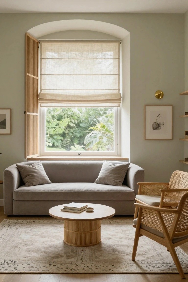 Pale green living room with arched window featuring open wooden shutters and linen roman shade overlooking lush green foliage, gray curved sofa with cushions, rattan armchair, round wood coffee table on beige rug, and light wood floor.