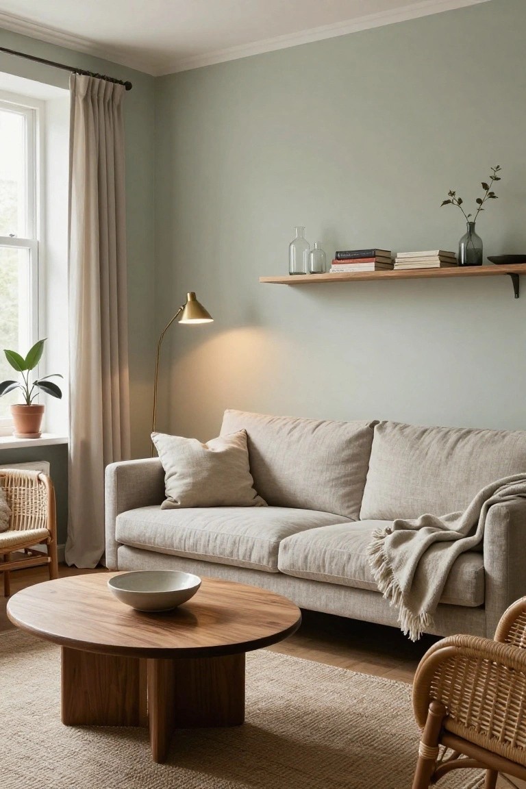 Pale green living room with beige linen sofa, round wooden coffee table holding a white bowl, rattan chairs, wall shelf with books and glass vases, potted plant by window with cream curtains, and brass floor lamp.