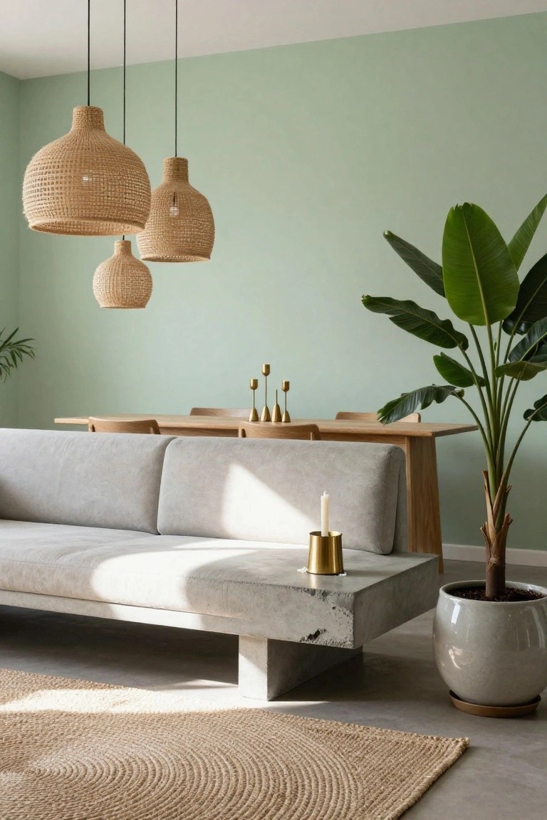Modern dining area with concrete sofa, woven pendants, and potted plant.
