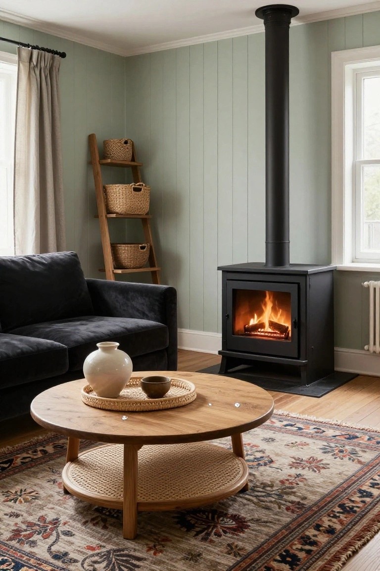 Living room with pale green vertical shiplap walls, black freestanding wood stove with burning fire, black velvet sofa, round wooden coffee table with rattan shelf, ladder shelf holding woven baskets, and patterned rug on hardwood floors.