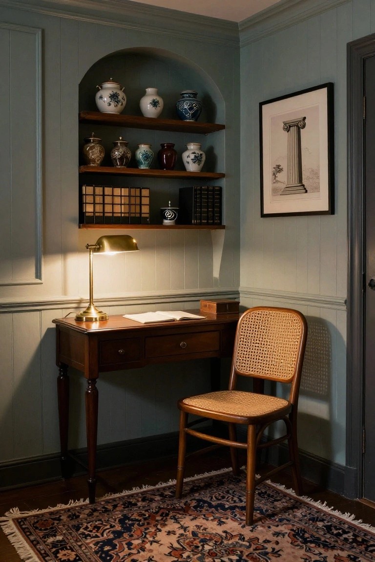 Corner of a traditional home office with pale green paneled walls, arched wooden shelves displaying ceramic pots and vases, wooden desk with open books and brass lamp, rattan chair, and Persian rug on hardwood floor.