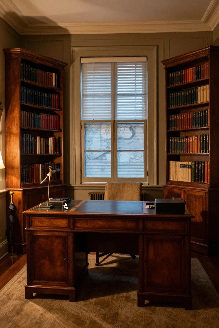 Traditional home office featuring tall wooden bookcases flanking a large wooden desk with leather top, a desk chair, adjustable lamp, and a window with white blinds.