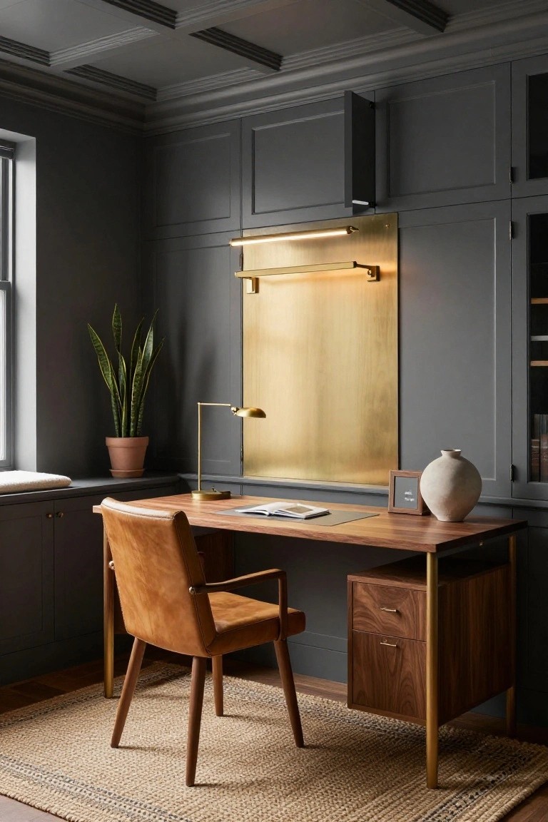 Corner of a home office with dark gray paneled walls, wooden desk on brass legs with integrated walnut drawer pedestal, tan leather armchair, large rectangular gold metallic wall panel with LED light strip above, adjustable brass desk lamp, snake plant in terracotta pot, white ceramic vase, and open window.